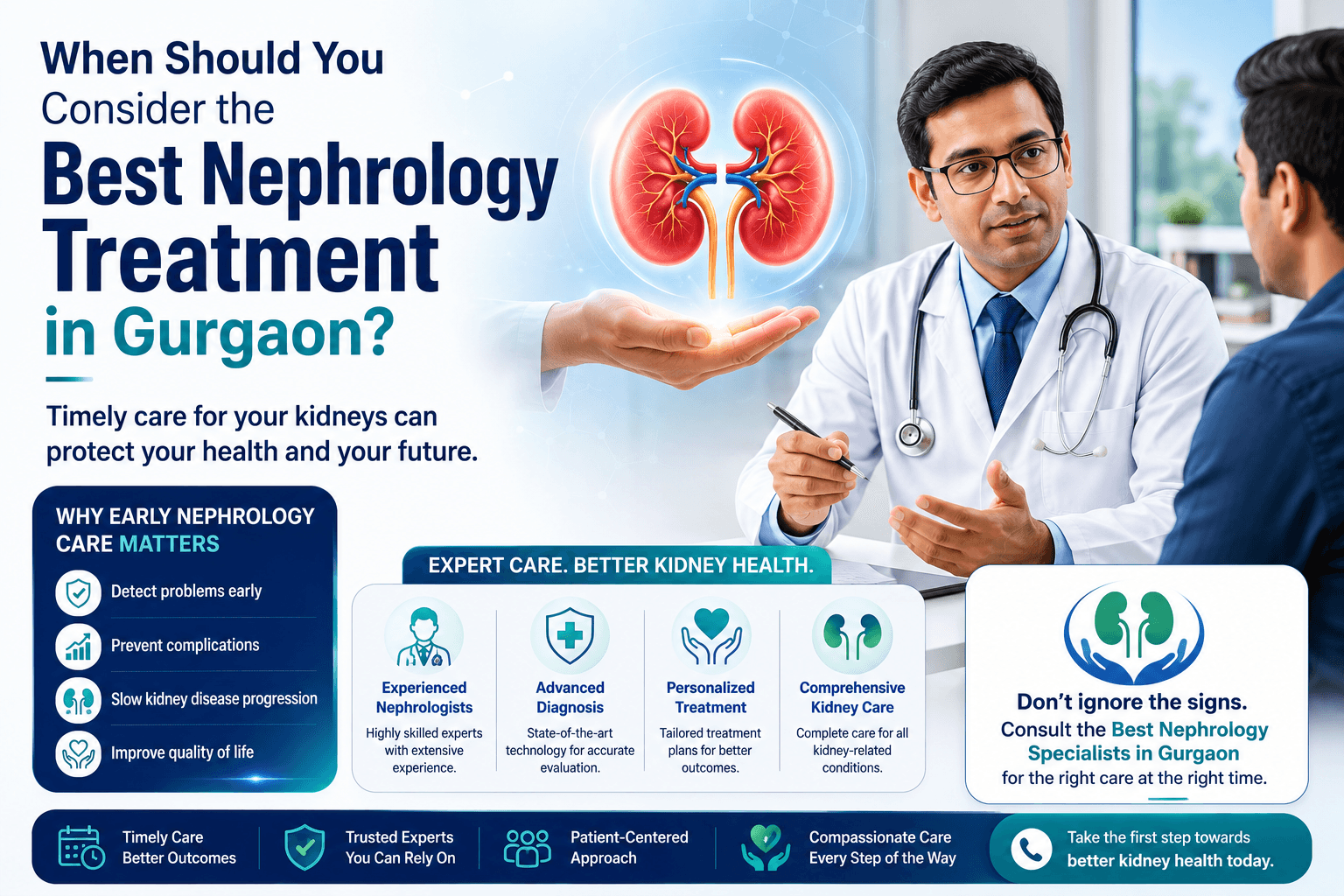 Nephrologist consulting with a patient alongside a kidney illustration, highlighting timely and personalized nephrology care in Gurgaon